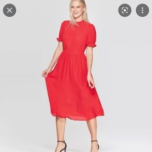 Polka Dots! Boho Meets Retro. Red midi dress with Puff sleeves